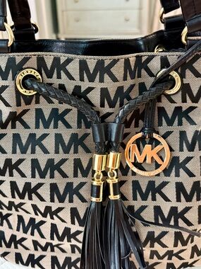 Michael Kors Black and Beige MK Logo Drawstring Tote with Gold Hardware